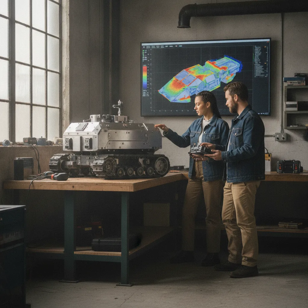 Two engineers beside a ground-robot prototype with a finite-element hull stress simulation on the monitor behind them